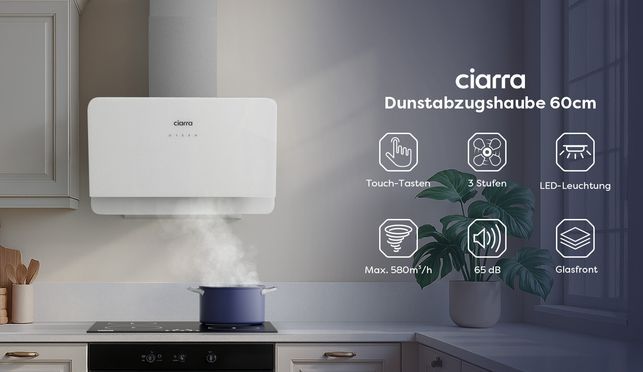 CIARRA Dunstabzugshaube 60cm Umluft 580 m³/h Kopffreie Schräghaube Abzugshaube 