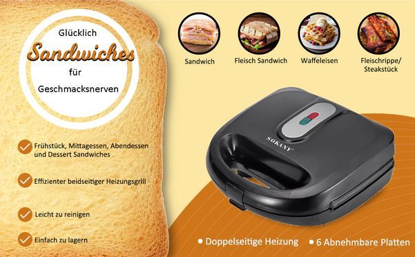 SOKANY SK 908 Sandwichmaker 6 in 1 Waffeleisen Kontaktgrill Donut Maker