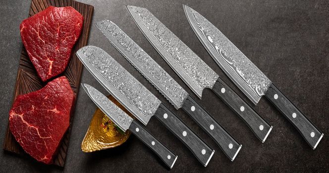 5tlg Damastmesser Set mit 12.5 20cm Klingen gefertigt aus 67 Lagen Damaststahl 