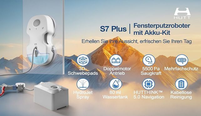 HUTT S7 Plus Fensterputzroboter mit Akku Abnehmbarer (90 Min Reinigung) Automatischer Fensterputzer 