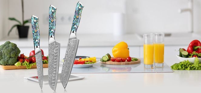 3 teiliges Damast Kochmesser set mit Abalone Muschel Griff (Kiritsuke+Santoku+Всеzweckmesser)