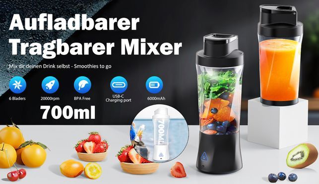 360W Tragbarer Smoothie Mixer | 6 Klingen Edelstahl | 700ml Tritan | USB C | 6000mAh
