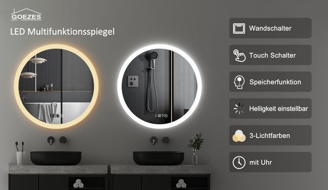 GOEZES LED Multifunktionspiegel mit Uhr & Speicherfunktion 60x60cm