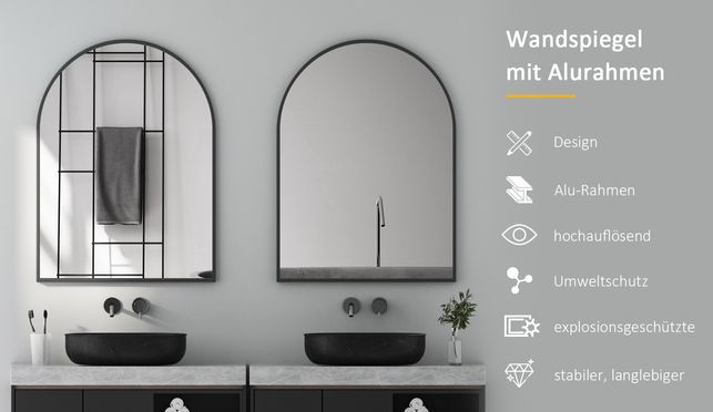 BOROMAL Wanndspiegel Rundbogen Schwarz mit Aluminium-Rahmen