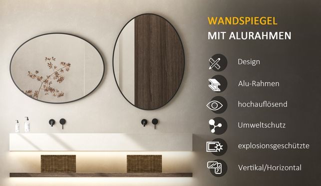 BOROMAL Wanndspiegel Oval Schwarz mit Aluminium-Rahmen