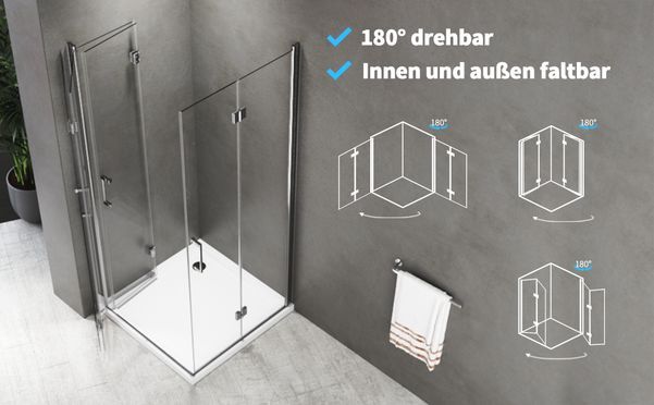 BOROMAL Duschkabine 180° Falttür mit NANO B:70~120cm H:195cm 