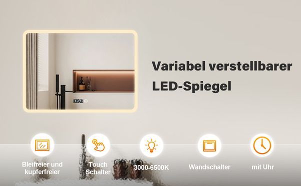 WDWRITTI LED Multifunktionspiegel mit Uhr & Speicherfunktion energiesparender