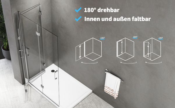 BOROMAL WALK IN Faltbar Duschwand 180° Drehbar Sicherheitsglas NANO Glas