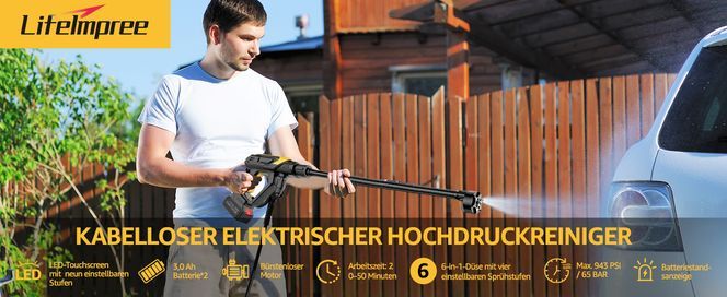 LifeImpree Akku Hochdruckreiniger – Kabellose Power mit 943 PSI, 2×3000 mAh Akkus & 6 in 1 Düse