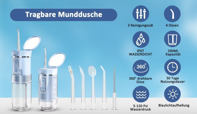 Die faltbare und tragbare Munddusche entfernt effektiv 99,9 % der Speisereste
