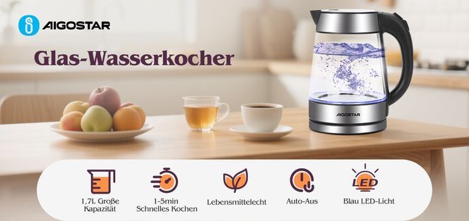 Aigostar Chubby Edelstahl Glaswasserkocher mit LED Beleuchtung