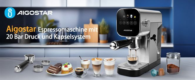 Aigostar Barista Espresso Siebträgermaschine, Kompatibel mit Kapseln und Gemahlenem Kaffee