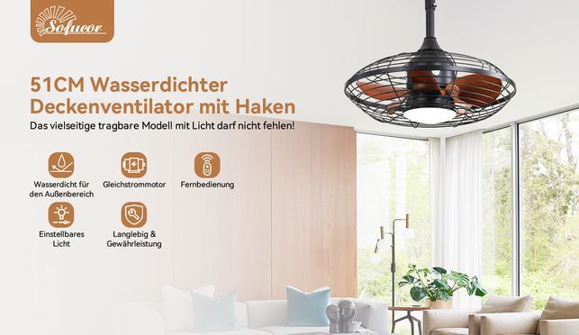 Sofucor 51 cm wasserdichter Deckenventilator für den Außenbereich mit Haken