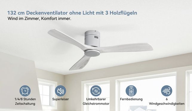 Sofucor 132 cm Deckenventilator ohne Licht mit 3 Holzflügeln