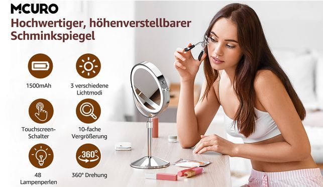 MCURO Kosmetikspiegel – Tisch Make up Spiegel, wiederaufladbar und höhenverstellbar
