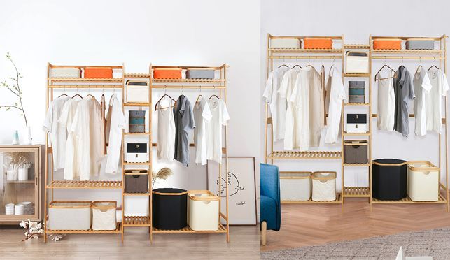 WAOHO Multifunktionaler Bambus Kleiderschrank mit 9 Regalen und 2 Kleiderstangen.