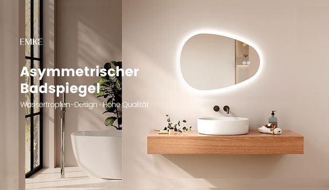 EMKE Badspiegel mit Beleuchtung Asymmetrisch 3 Lichtfarben Dimmbar Antibeschlag IP44