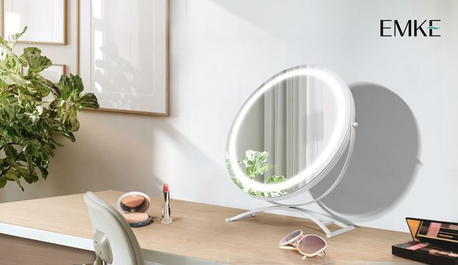 EMKE Kosmetikspiegel 360° Drehbar Schminkspiegel Runder Tischspiegel mit LED Beleuchtung