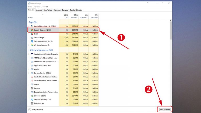 Laptop-Akku schonen unter Windows 10 Taskmanager Prozess beenden