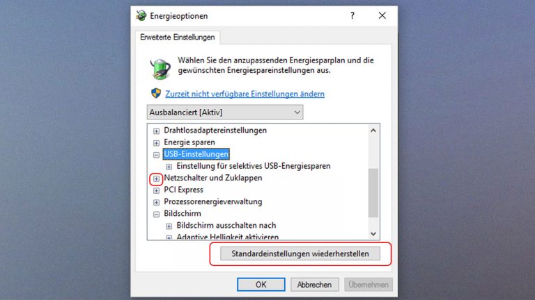 Laptop-Akku schonen unter Windows 10 Eneergieoptionen Standardeinstellungen wiederherstellen
