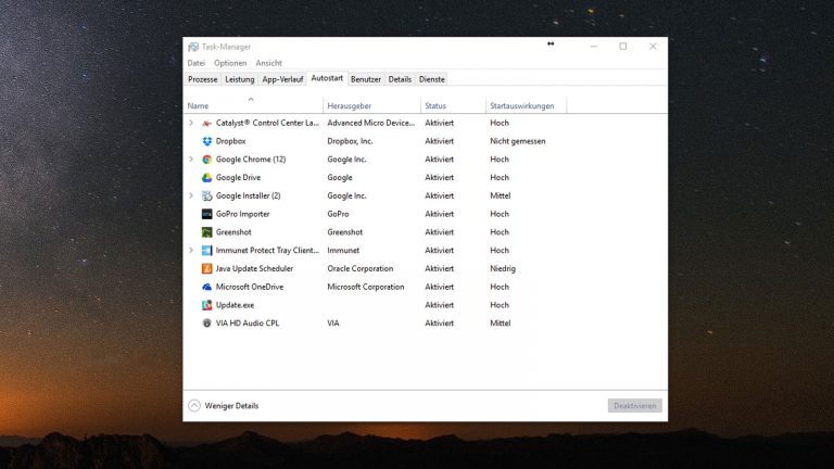 Laptop schneller machen: Taskmanager Windows 10 Taskmanager Windows 10