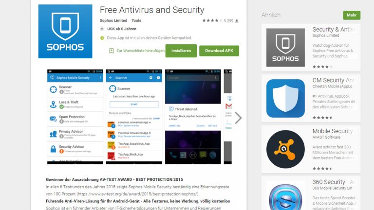 Entfernt den Handy-Virus: die Sophos-Software. Handy-Virus entfernen mit Sophos-Software.