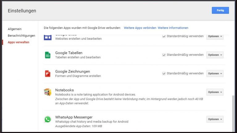 WhatsApp unter Google Drive Menü Google Drive Einstellungen