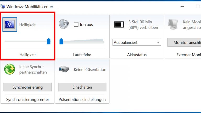 Bildschirmhelligkeit einstellen in Windows Mobilitätscenter Helligkeitseinstellung im Mobilitätscenter von Windows 10
