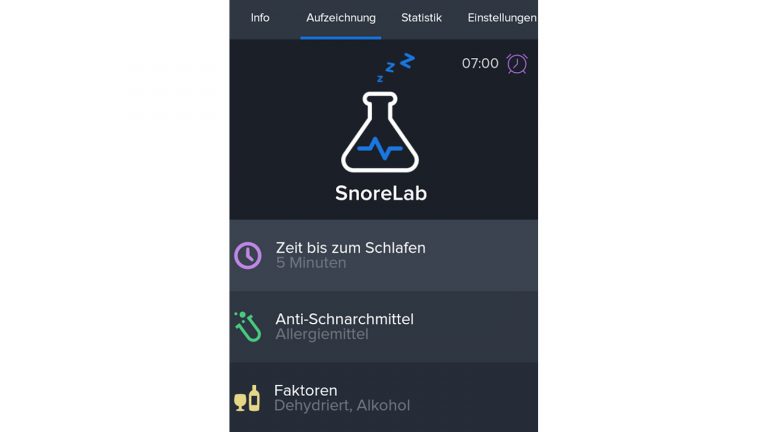 Schnarch-Apps Snore Lab Aufzeichnungseinstellungen bei Schnarch-App “Snore Lab”