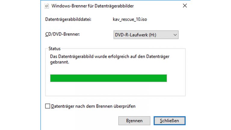 Antivirus Programm DVD Datenträgerbild wird gebrannt