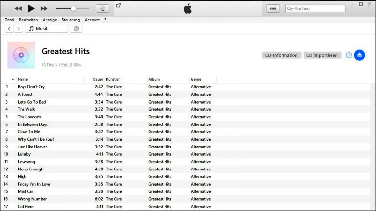 Audio CD iTunes iTunes CD importieren Menü