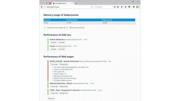 Firefox schneller machen about:performance Firefox Performance Monitor