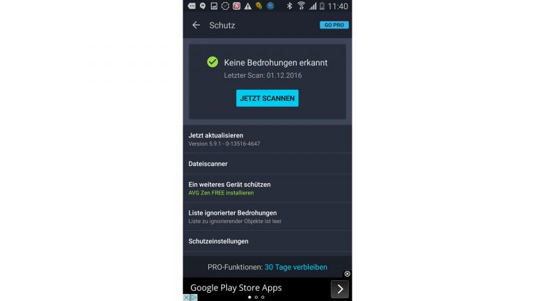 Virenschutz Smartphone AVG keine Bedrohung AVG hat keine Bedrohungen gefunden