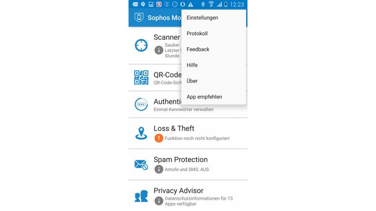 Virenschutz Smartphone Sophos Menü Die Menüleiste bei Sophos