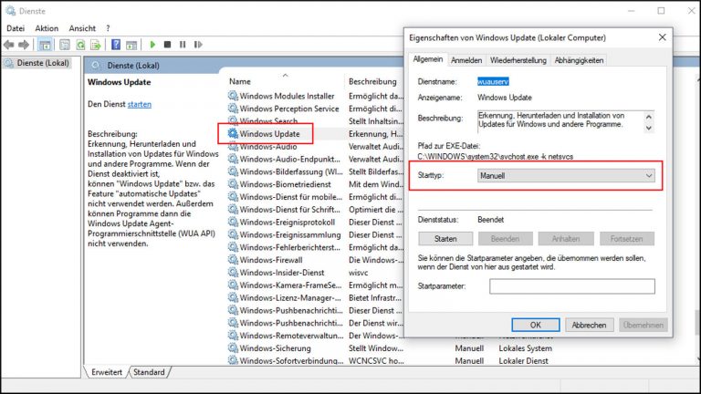 0x80070422 Windows Update manuell Starttyp Automatisch für Windows Update aktivieren