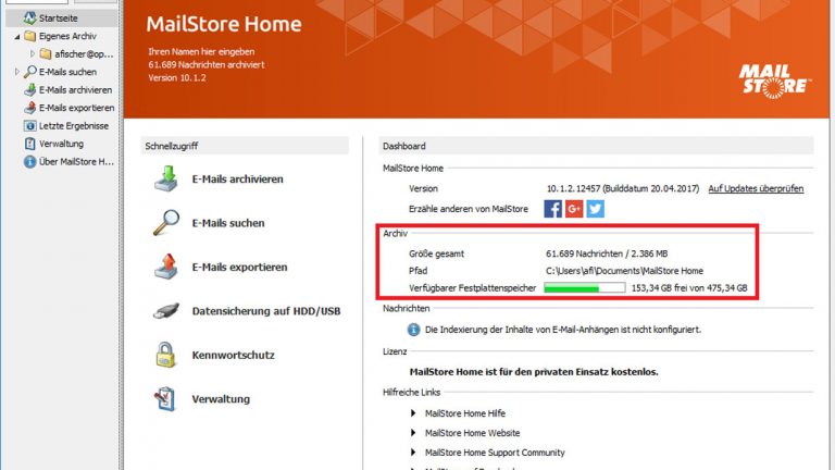 EMails archivieren MailStore Mehr als 60.000 Mails kann MailStore sichern