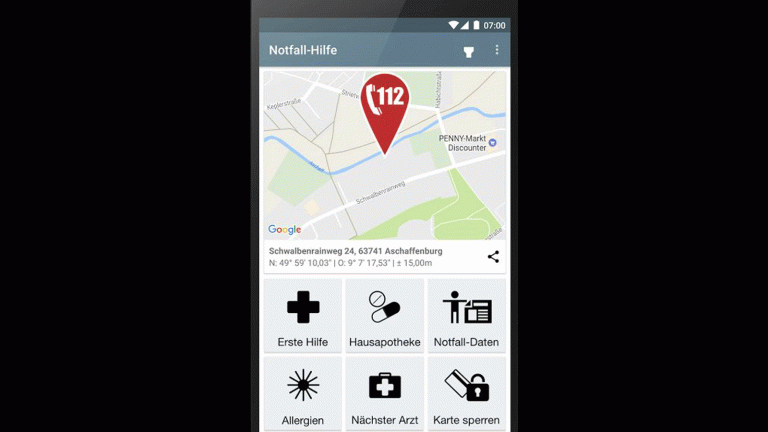 Notruf Smartphone Android Screenshot App “112 Notfall Hilfe” mit Funktionen für Notfallsituationen