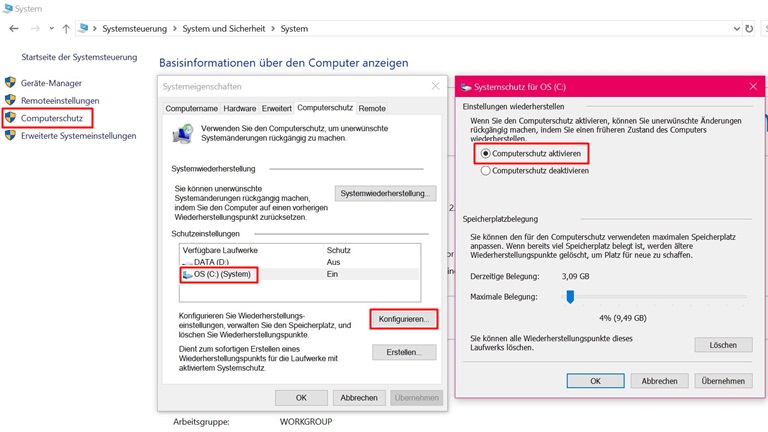 Wiederherstellungspunkte unter Windows 10 setzen und nutzen Windows 10 Computerschutz aktivieren
