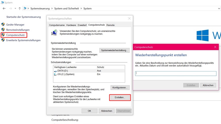 Wiederherstellungspunkte unter Windows 10 setzen und nutzen Windows 10 Wiederherstellungspunkt erstellen