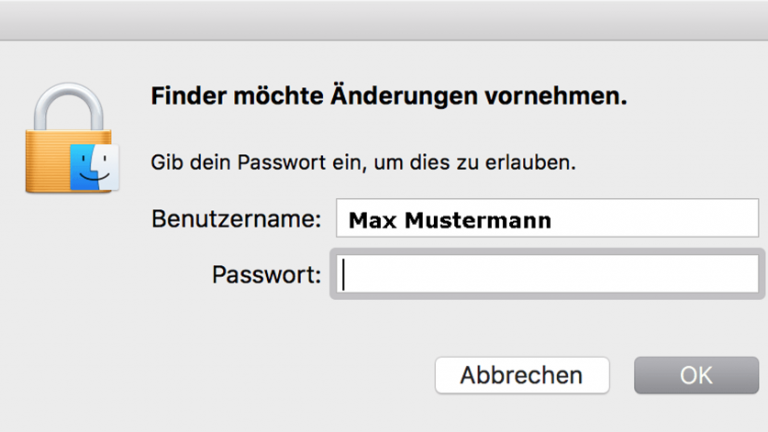 Eingabemaske einer Programmlöschung Passworteingabefenster für Änderungen im Finder