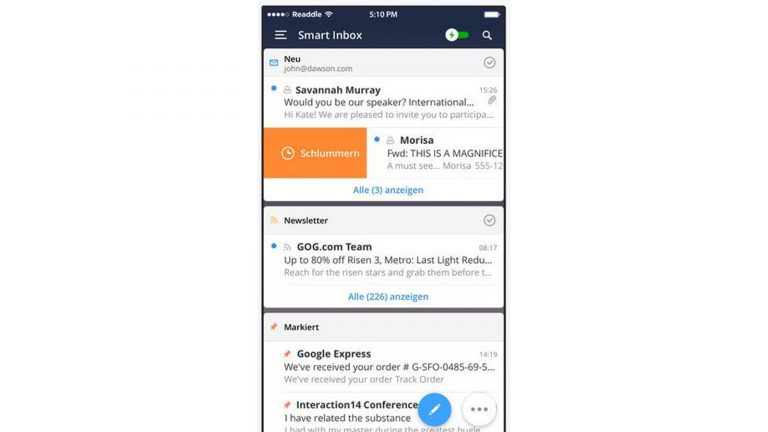 E-Mail App kostenlos Spark “Sparks” erkennt die E-Mail-Absender und trennt zum Beispiel Werbung von persönlichen Mitteilungen