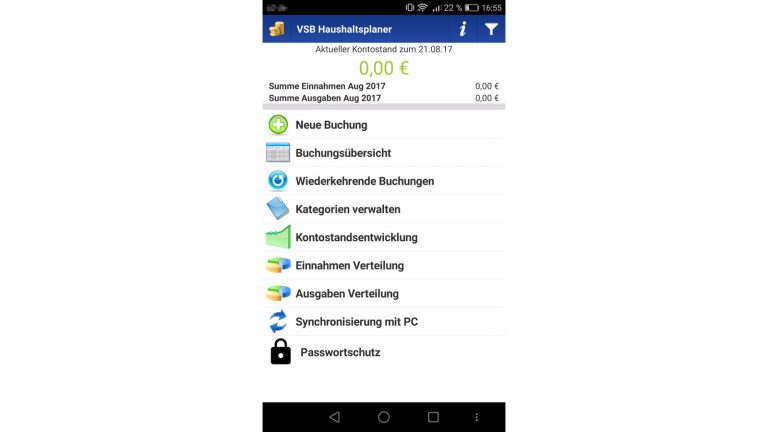 Finanz-App iPhone VSB VSB Haushaltsplaner mit übersichtlichem Hauptmenü