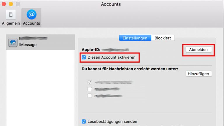 iMessage Mac Einstellung In der Maske von “Accounts” bei “Nachrichten” finden Sie die Abschaltmöglichkeiten für eingebundene Dienste