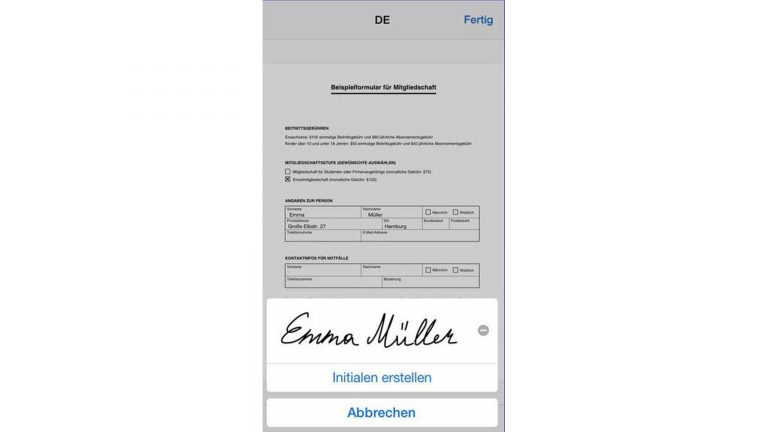 Apple pencil Apps Adobe Fill & Sign Erstellen einer Signatur mit “Adobe Fill & Sign”