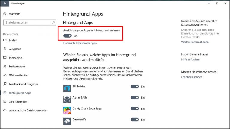 Windows Suche funktioniert nicht Hintergrund-Apps Ausführung von Apps im Hintergrund zulassen