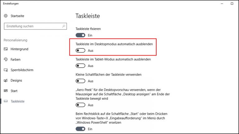 Taskleiste im Desktopmodus automatisch ausblenden Taskleiste im Desktopmodus automatisch ausblenden
