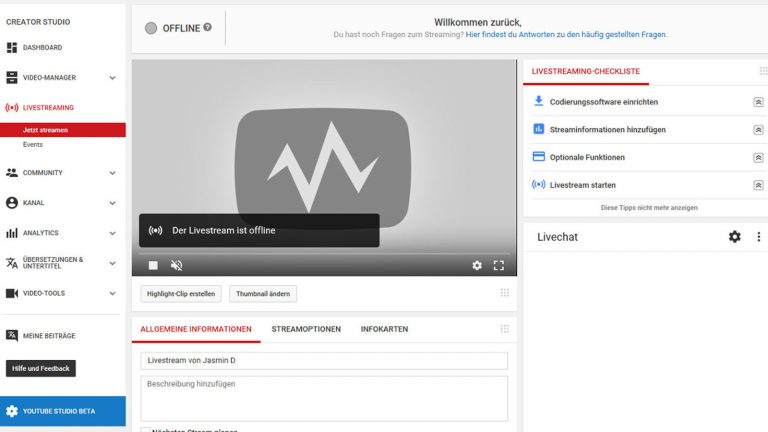 YouTube Livestream Oberfläche