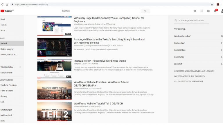 YouTube-Daten Übersicht der persönlichen YouTube-Daten