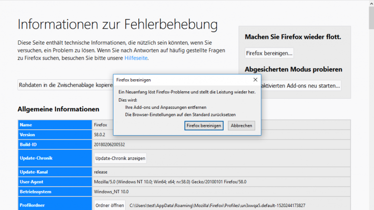 bereinigen Firefox bereinigen unter Windows 10