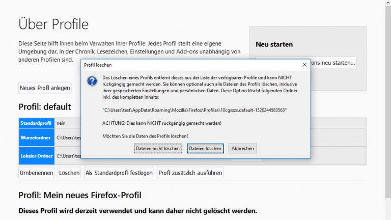 löschen Firefox bereinigen unter Windows 10: Profil löschen